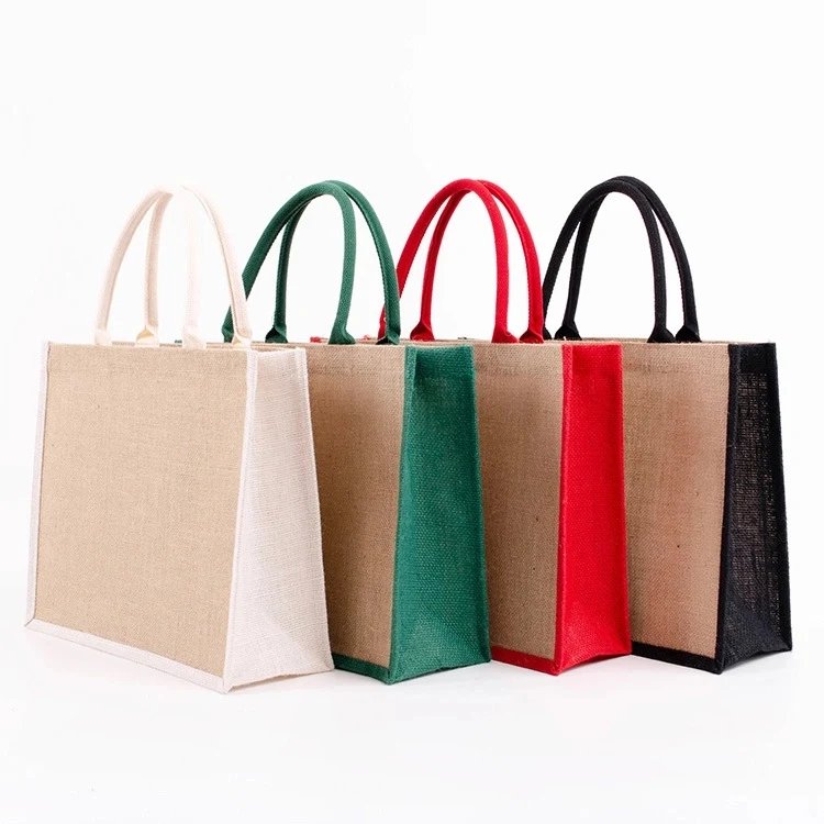 Laminated Jute Bags w/ Colored Sides and Handles, custom tote bag with logo imprint 1