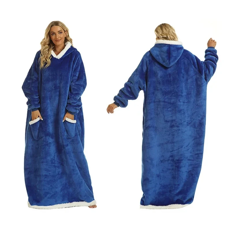 Winter Long Wearable Fleece Hooded Blanket With Pocket 1