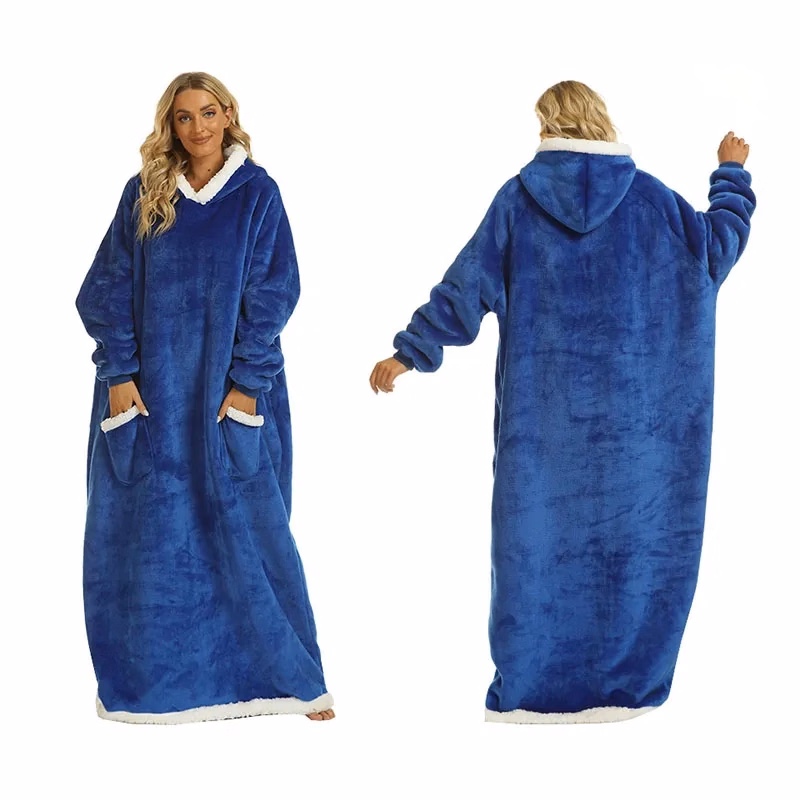 Winter Long Wearable Fleece Hooded Blanket With Pocket