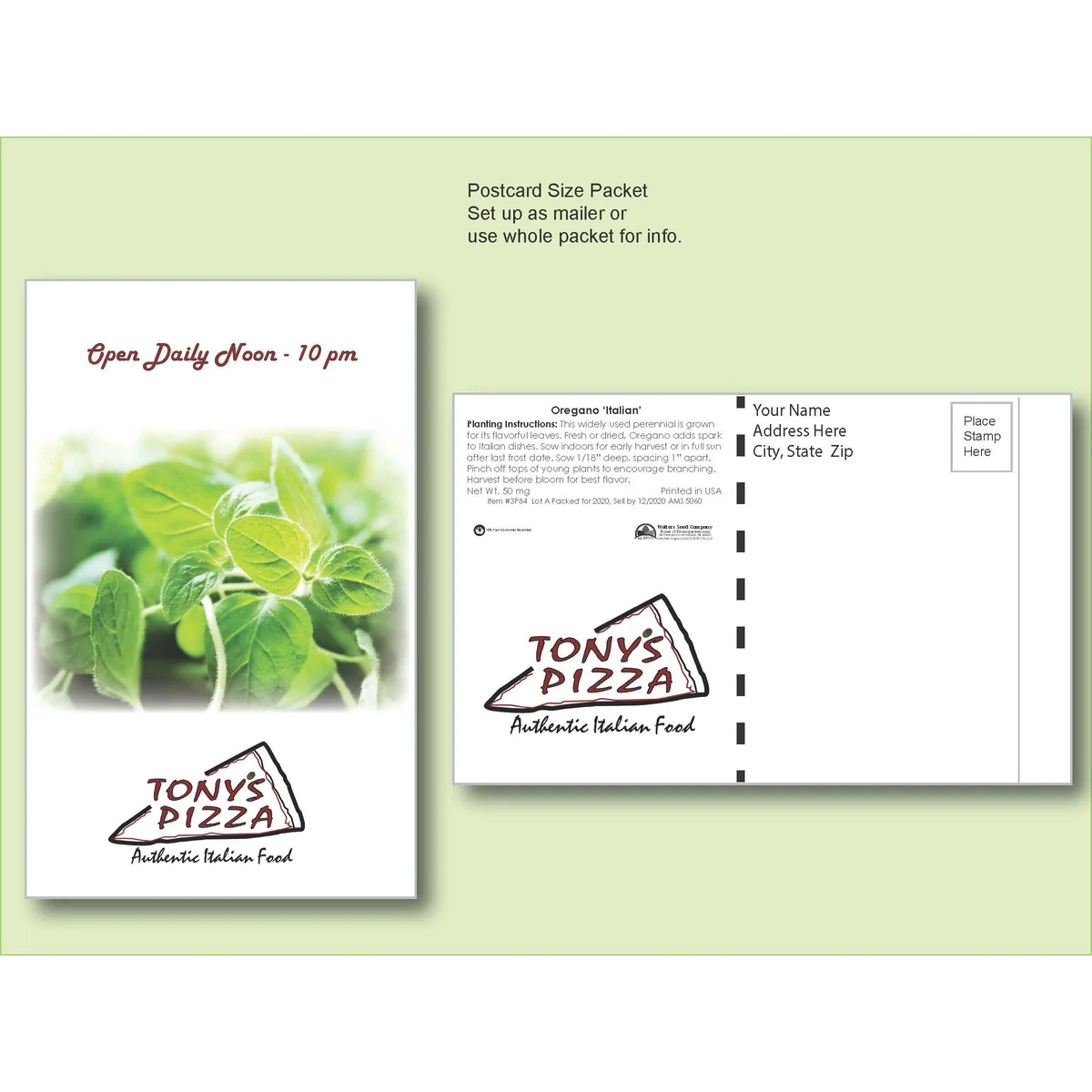 Oregano Herb Seed Packet - Postcard Mailer Size 4" x 6.5" 1