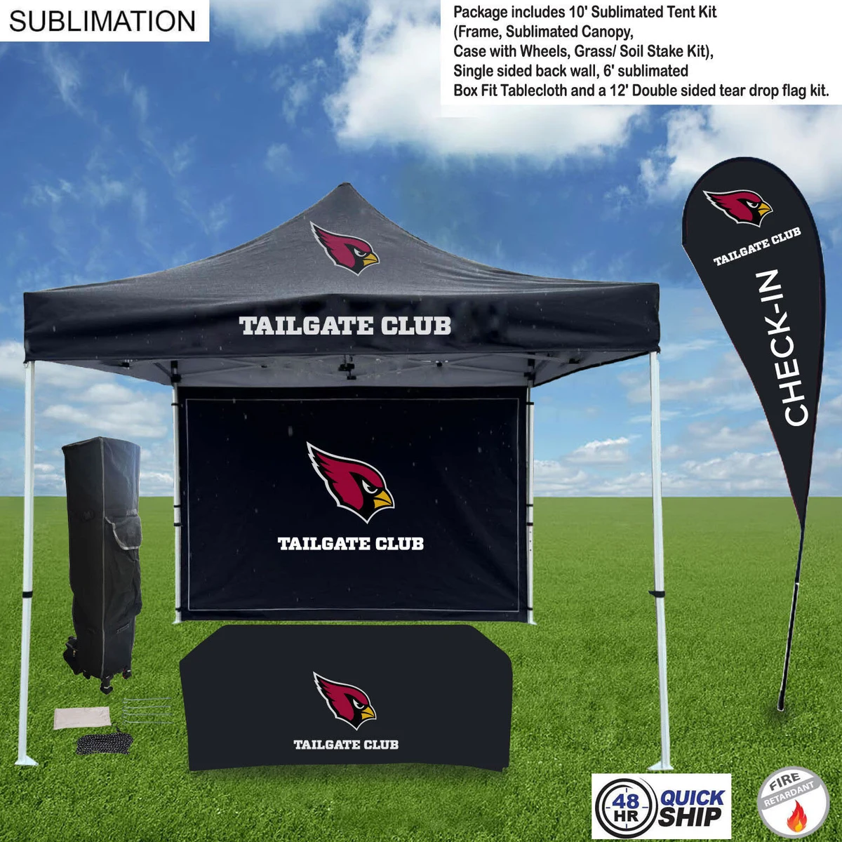 48Hr Quick Ship - Game Day Tailgate Package, 10' Tent kit, Backwall,Tablecloth, double sided Flag 1