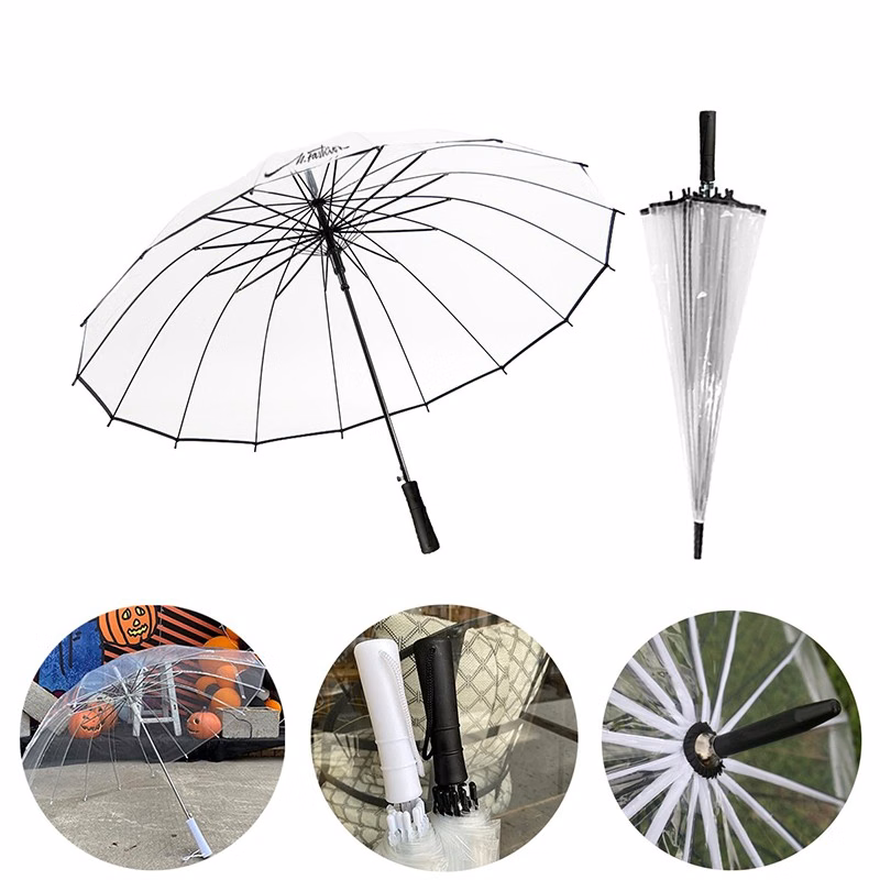 16 Bone Transparent Long-Handle Straight Umbrella