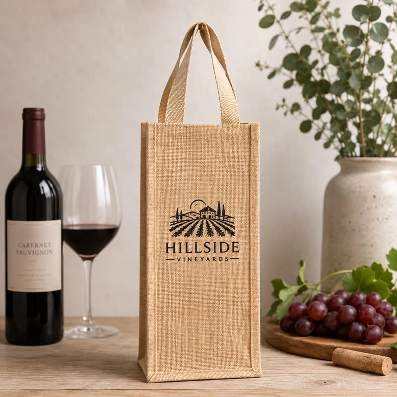 2 Wine Bottle Jute Bags, custom tote bag with logo imprint 1