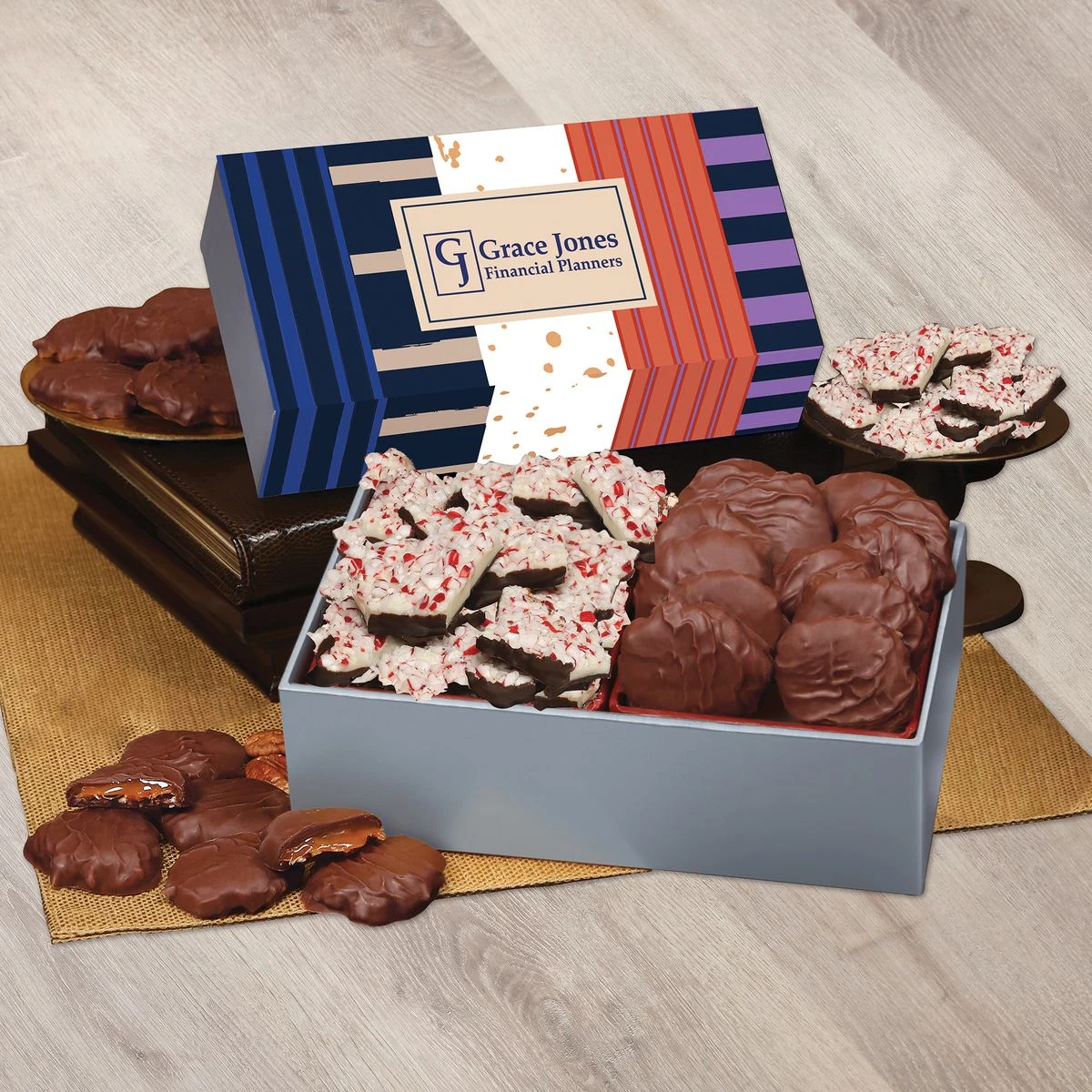 Peppermint Bark & Pecan Clusters in Gift Box with Stripes & Splatter Sleeve 1