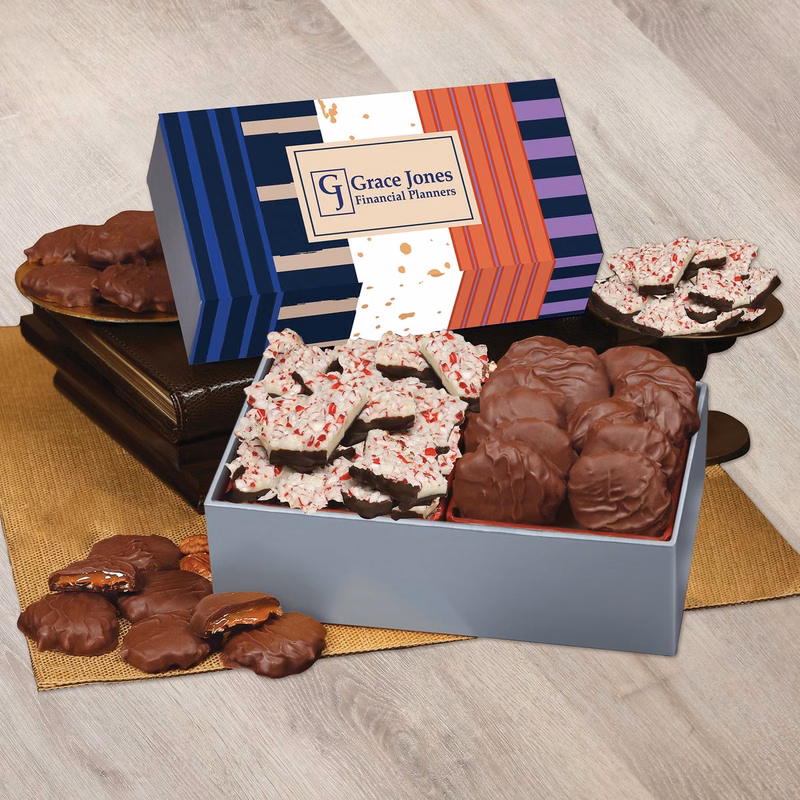Peppermint Bark & Pecan Clusters in Gift Box with Stripes & Splatter Sleeve