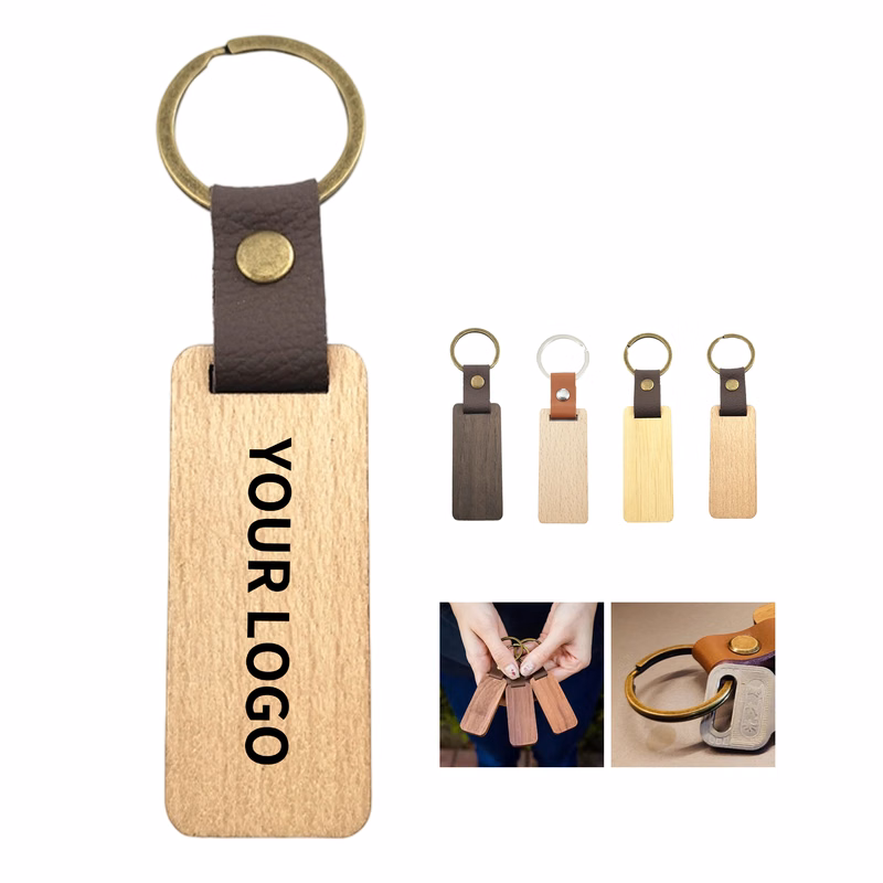 Leather Strap Wood Accent Key Ring Walnut Beech Or Bamboo 4.5" By 1.1"
