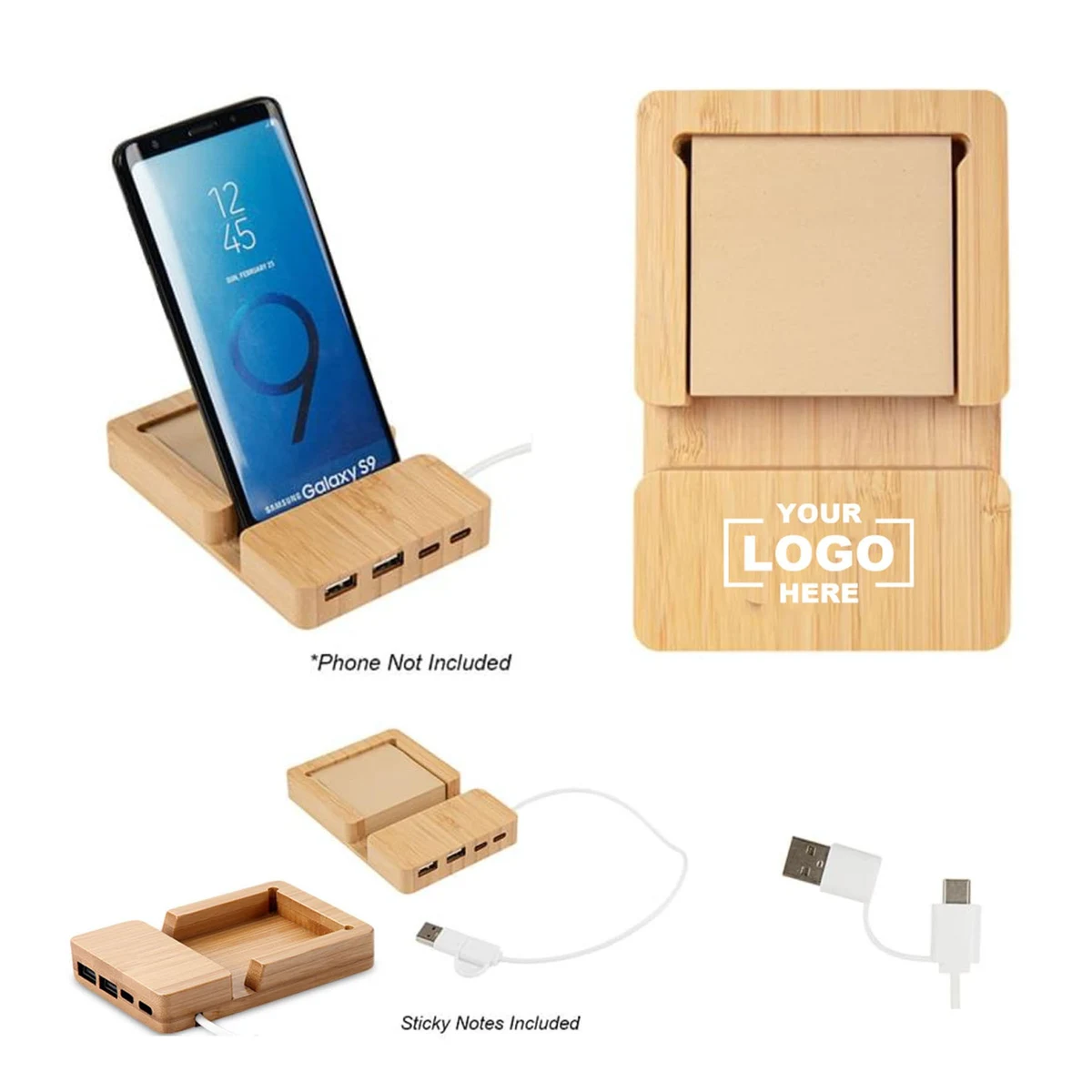 Bamboo Multi-Port Hub With Phone Holder & Sticky Notes 1