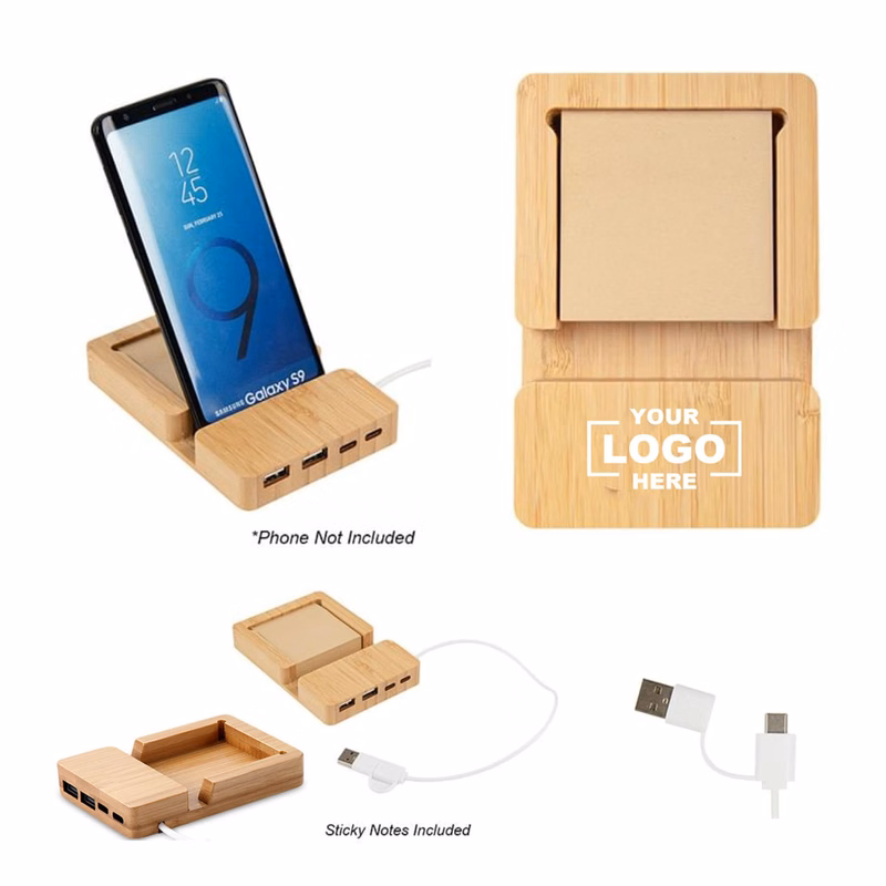 Bamboo Multi-Port Hub With Phone Holder & Sticky Notes