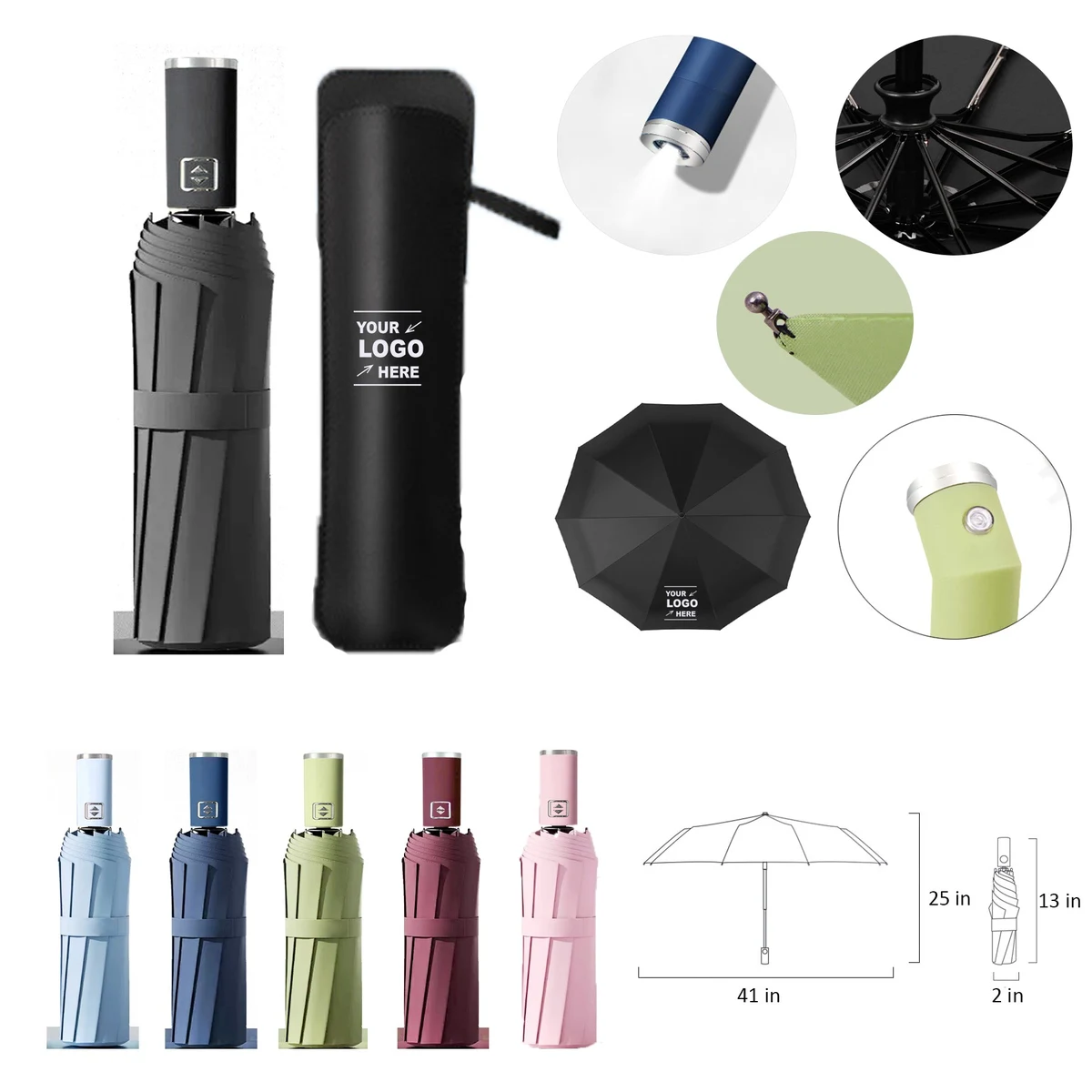 Folding Automatic Open Umbrella With Rotating Flashlight 1
