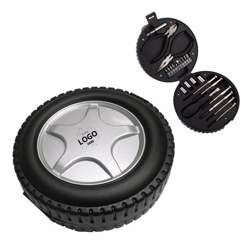 Custom 24-piece tool set in tire shaped case
