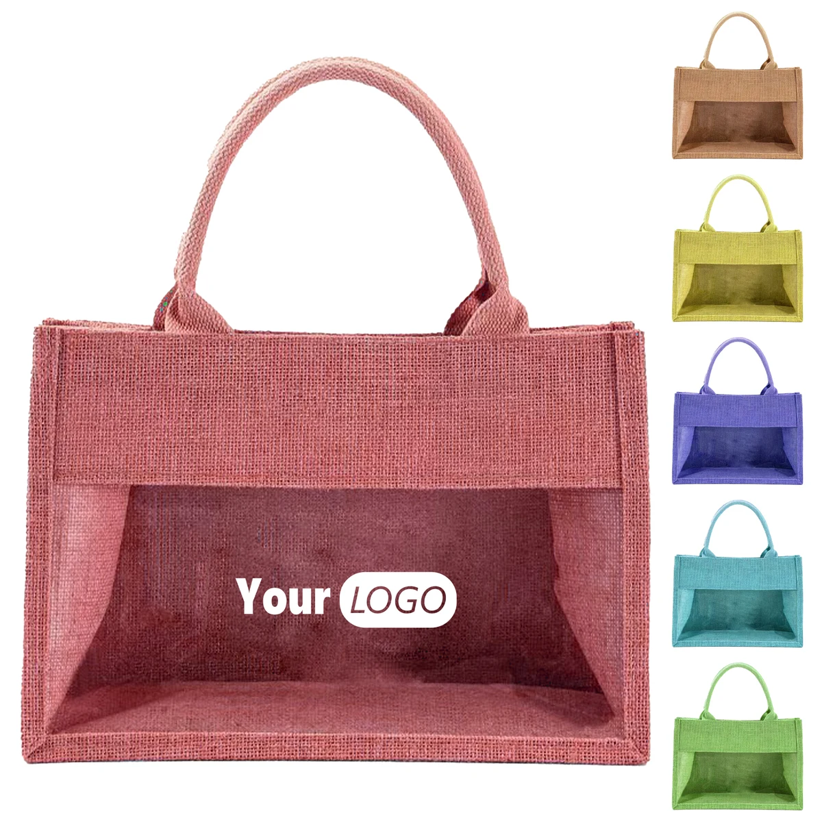 Jute Eco-Friendly Tote With Clear Panel, custom tote bag with logo imprint 1