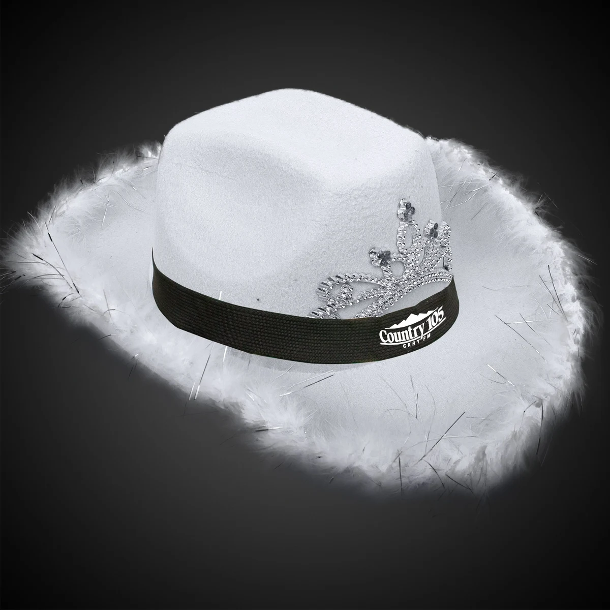 White Light Up Cowboy Hat w/ Tiara and Feather(Black Imprinted Band) 1