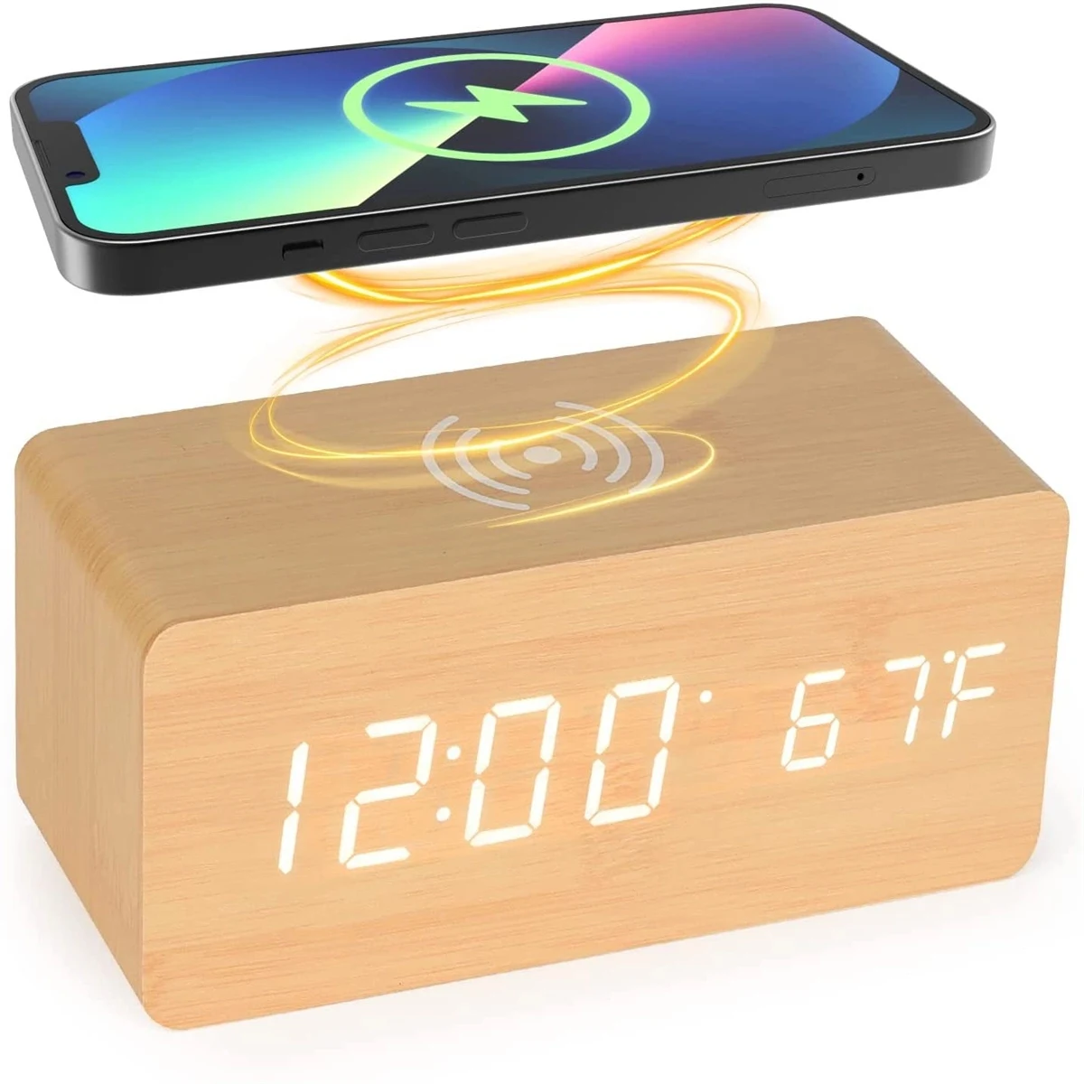 Digital Wooden Alarm Clock with Wireless Charging 1