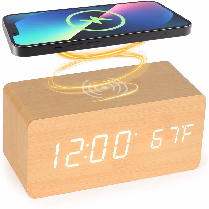 Digital Wooden Alarm Clock with Wireless Charging