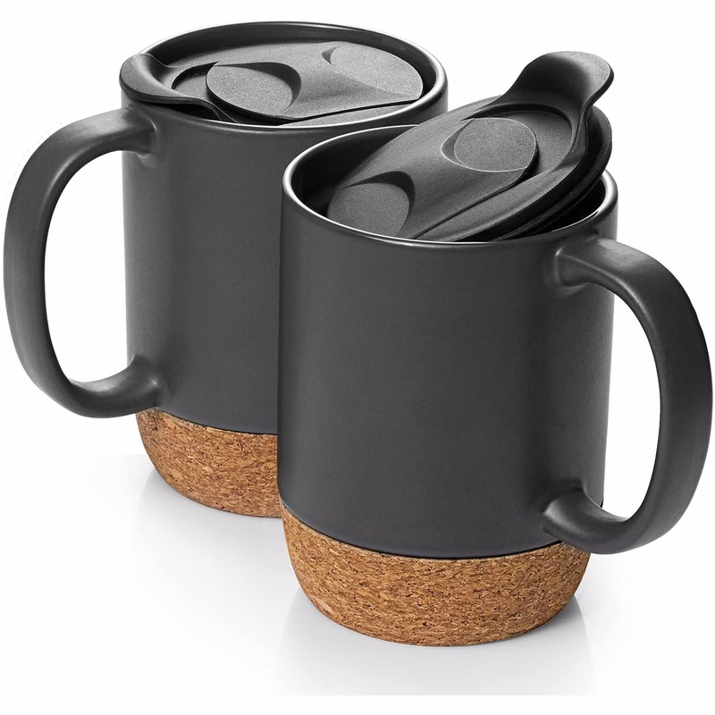 Coffee Mugs, 13 oz Mug, Large Ceramic Coffee Mug with Cork Bottom and Spill Proof Lid