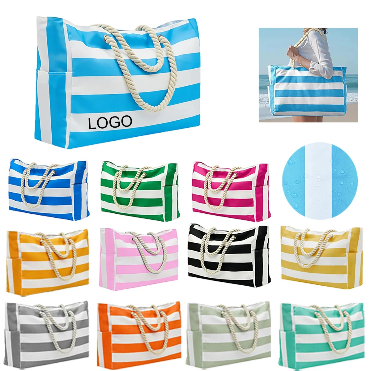 MOQ 20 Large Striped Canvas Beach Tote Bag 1
