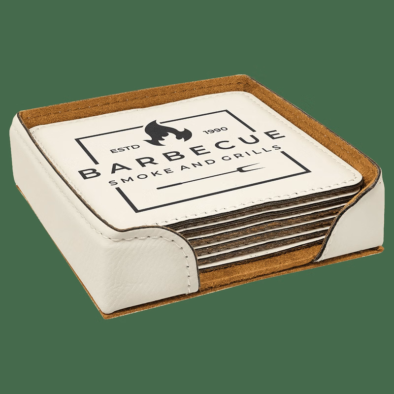 4" x 4" White Square Leatherette 6-Coaster Set