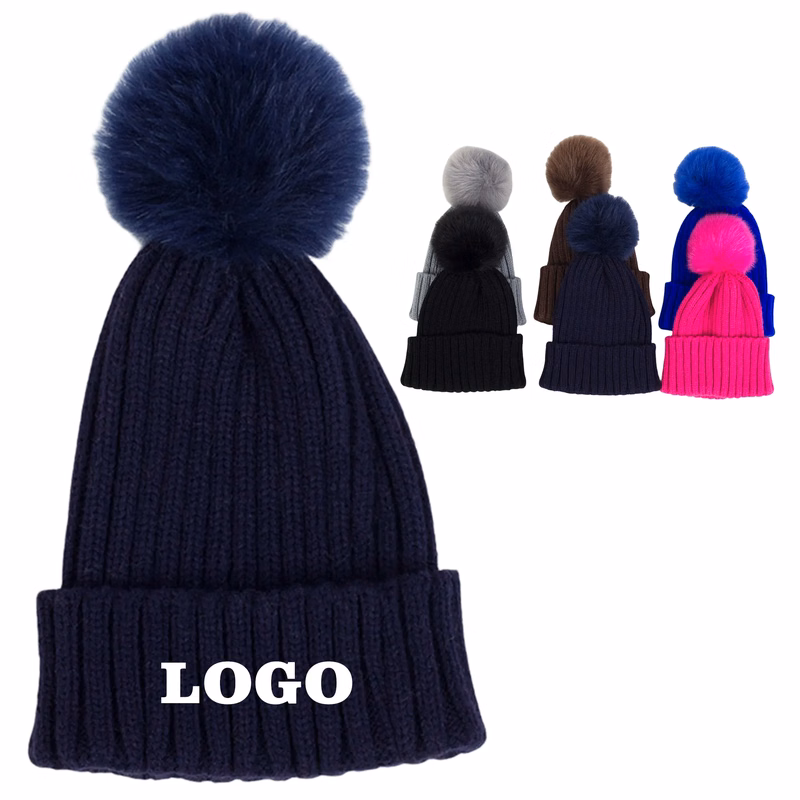 Winter Knitted Beanie Hat With Pom Fur