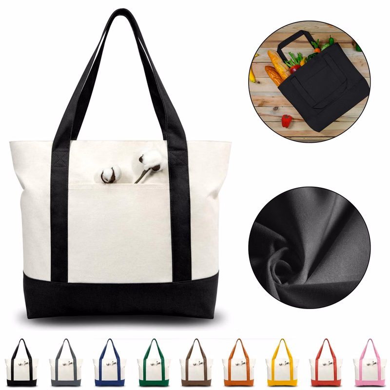Canvas Tote Bag with an External Pocket and Zipper
