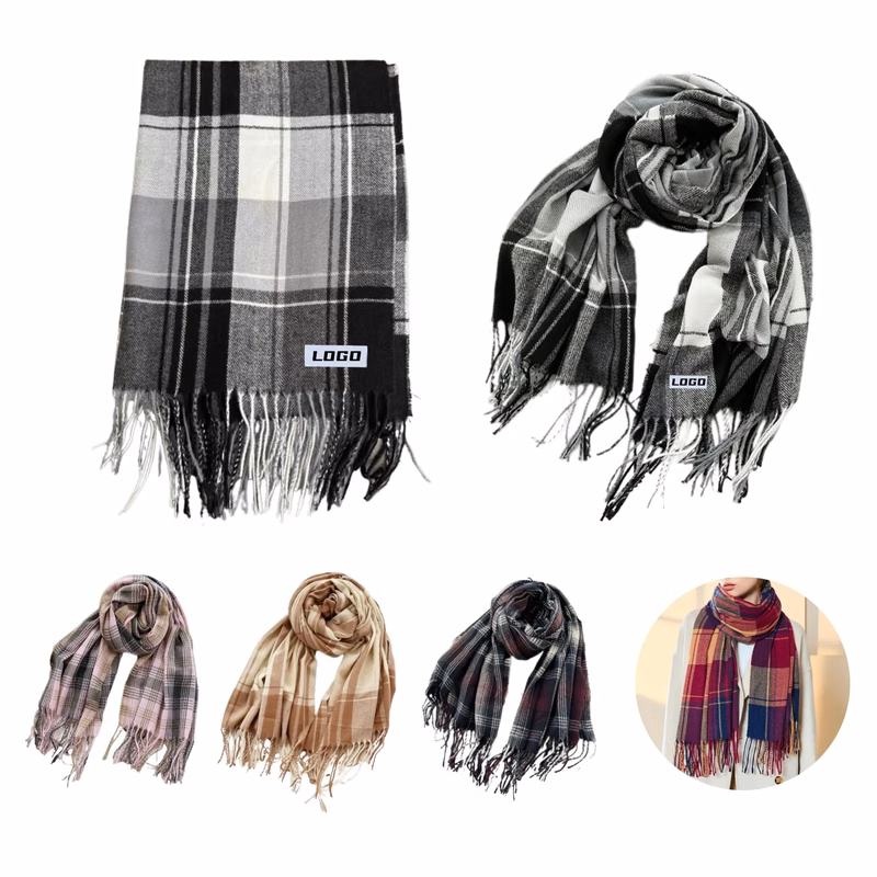 Classic Winter Plaid Scarf Warm Shawl With Fringes