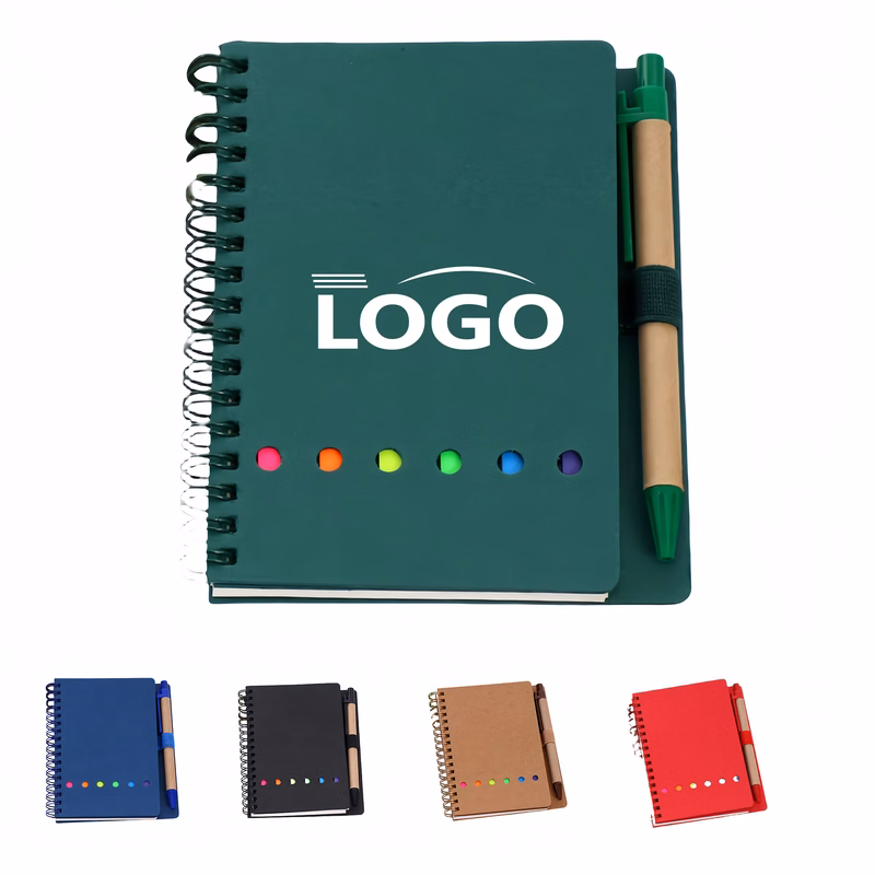 Spiral notepad with pen and sticky notes, customizable logo