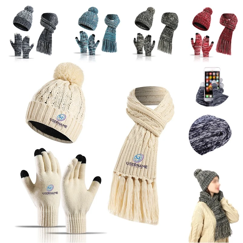 Women's 3 in1 Hat Gloves Scarf Set With Tassel 1