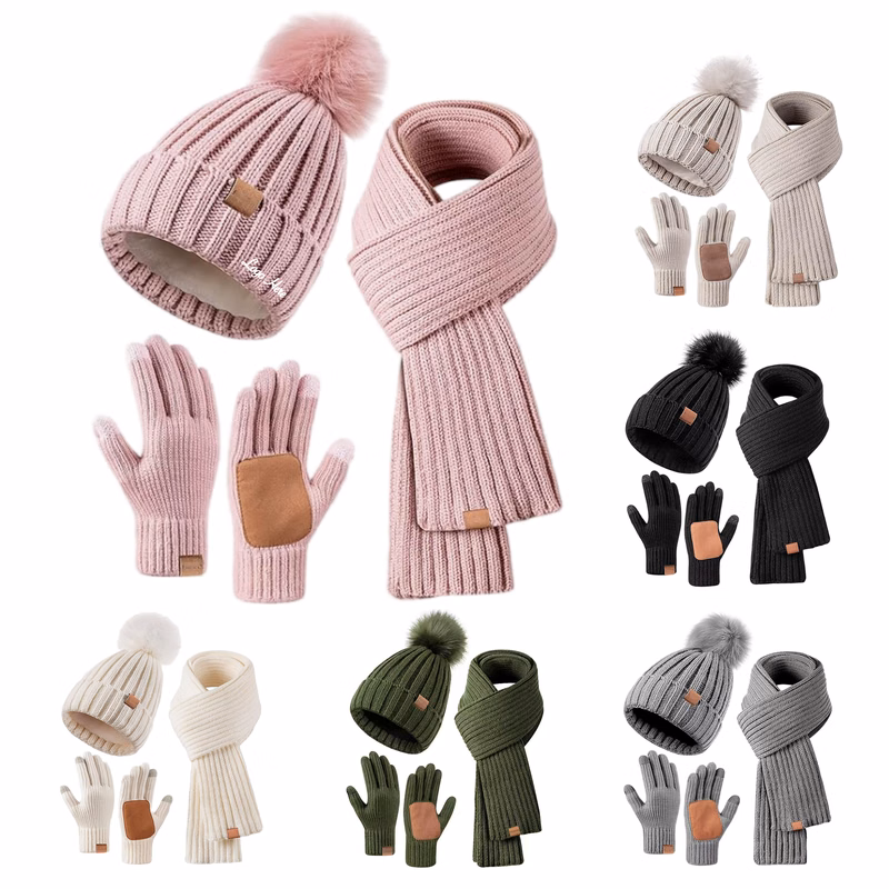 Classic Beanie Hat Scarf Gloves Set for Women