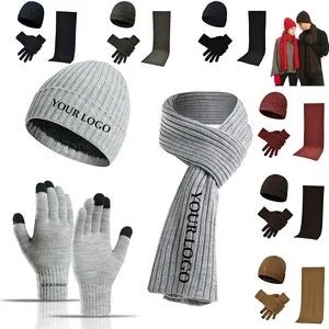 Warm Winter Hat Long Neck Scarf Touch Screen Gloves Set 1