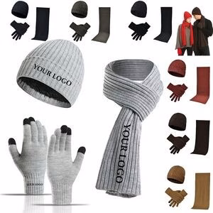 Warm Winter Hat Long Neck Scarf Touch Screen Gloves Set