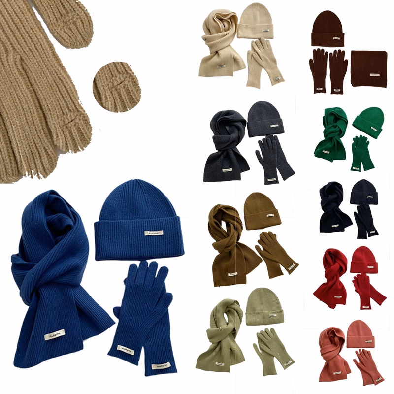 3Pcs Knitted Cuffed Hat Loop Scarf Touch Screen Gloves Set