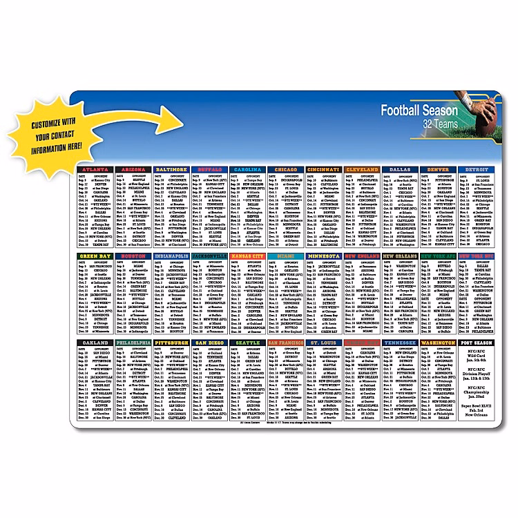 Laminated Card Football Schedule - 11x8.5 - 14 pt.