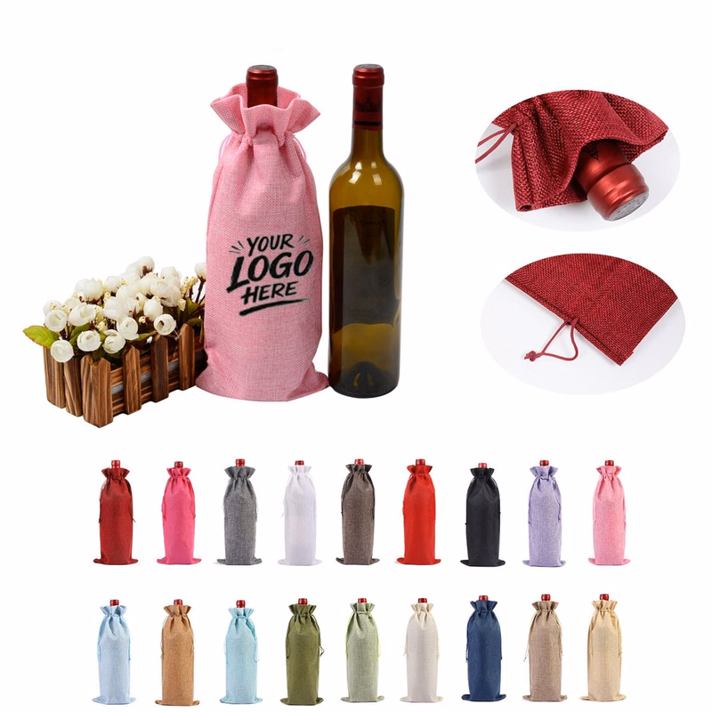 Faux Linen Drawstring Wine Bottle Bag