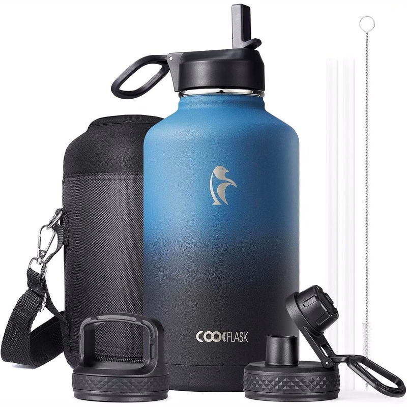 64oz Insulated Water Bottle with Straw&3 Lids, Coolflask Stainless Steel Metal Flask Wide Mouth