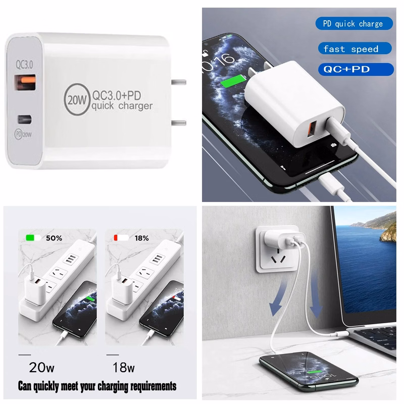 QC 3.0 2-Port Fast Charger with PD 20W USB C Power Adapter