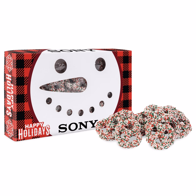 Snowman Die Cut Box with Milk Chocolate Christmas Mini Pretzels