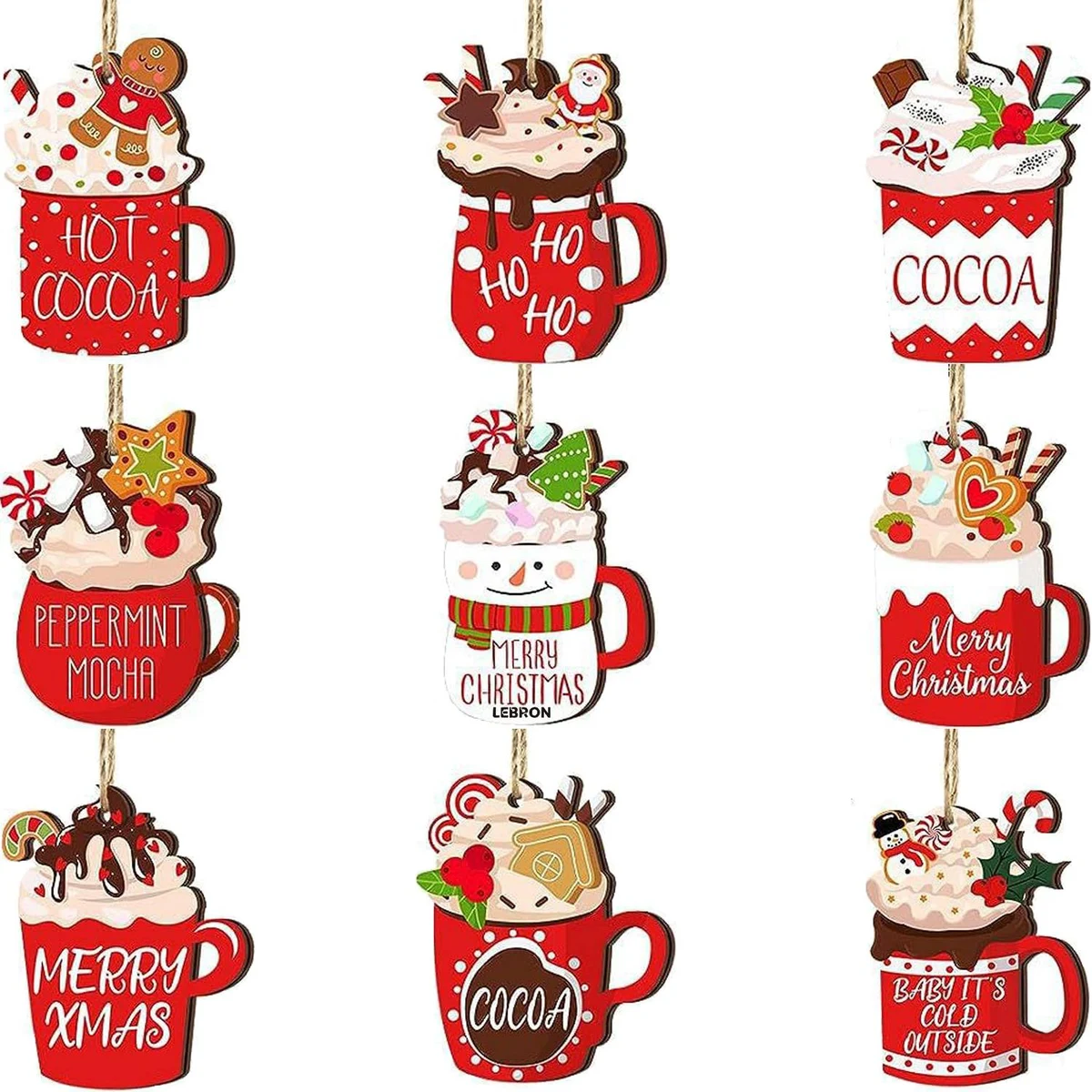 9 PCS Wooden Christmas Mug Ornaments Set 1