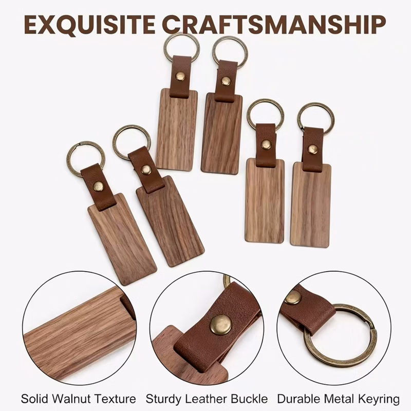 Walnut Wood Keychain With Leather Strap