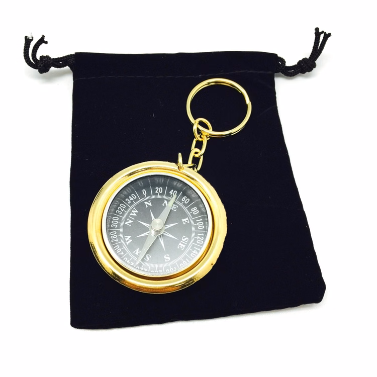 vintage Brass Compass Keychain in velveteen pouch