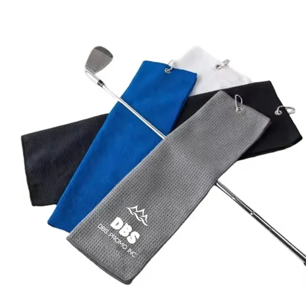 Microfiber Waffle Tri-fold Golf Towel with Carabiner Hook 1
