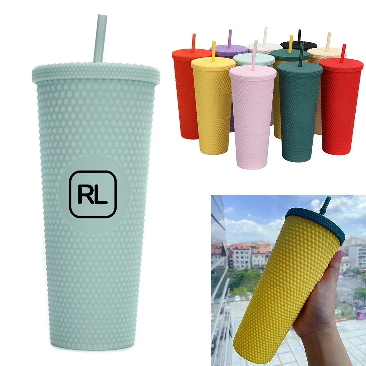 24Oz Double Wall Studded Tumbler With Lid And Straw 1