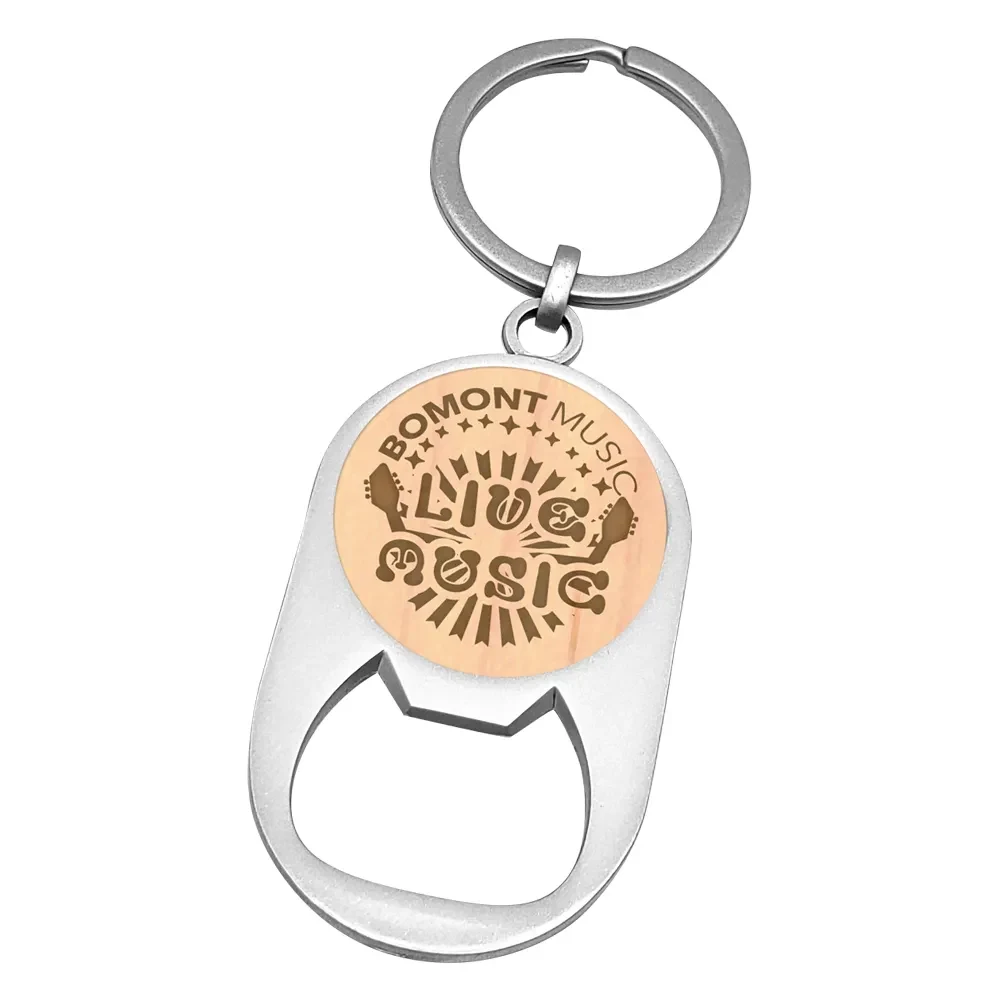 Etched Wood Imprint Bottle Opener Keychain (Round Imprint) 1