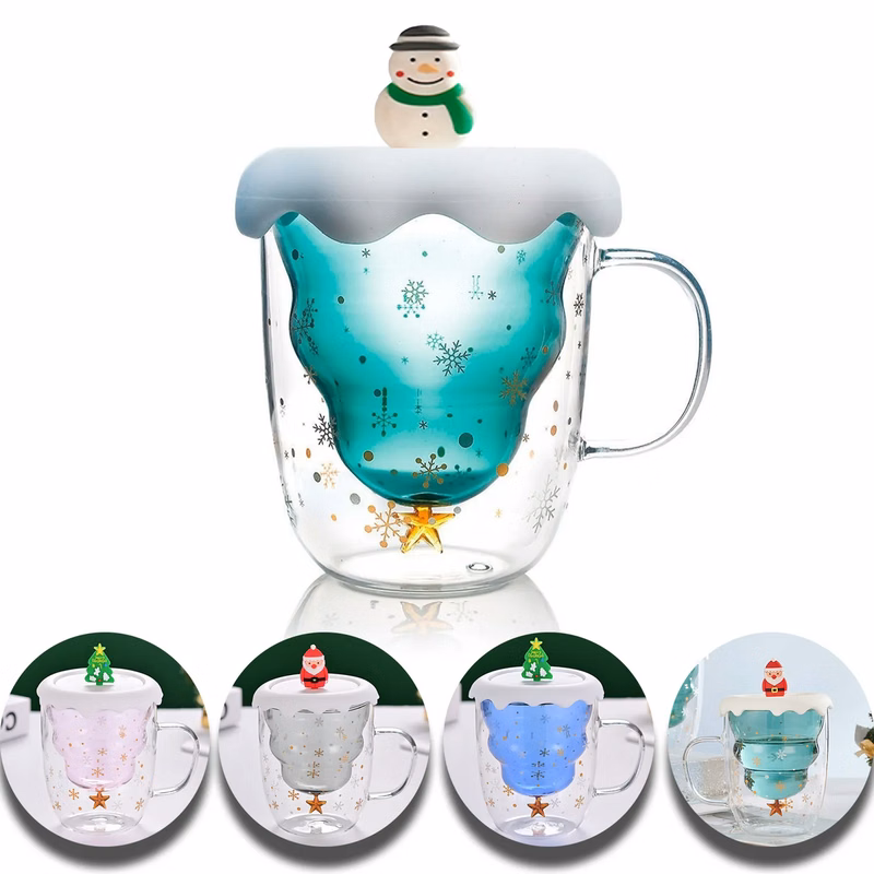 Christmas Tree Double Wall Insulated Glasses Mugs with Lid