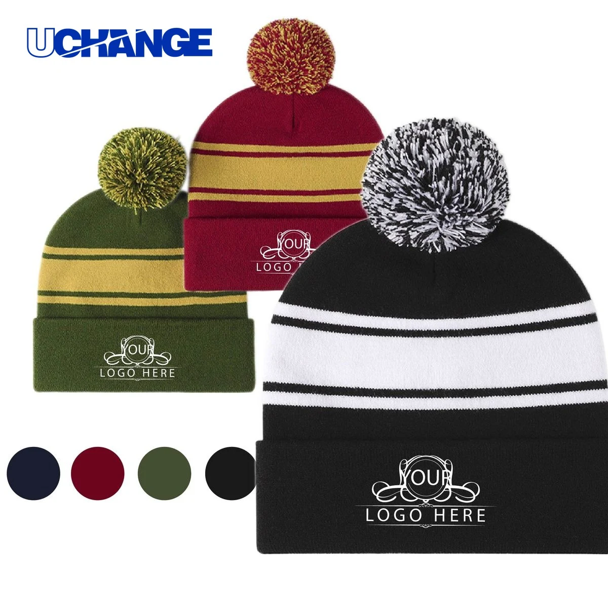 Striped Pom Pom Knit Beanie 1