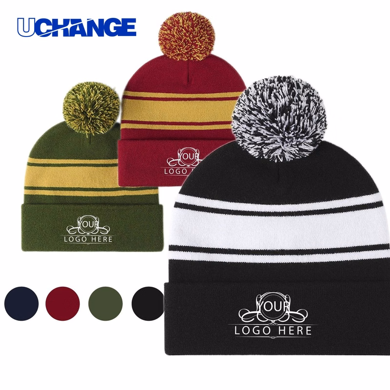 Striped Pom Pom Knit Beanie