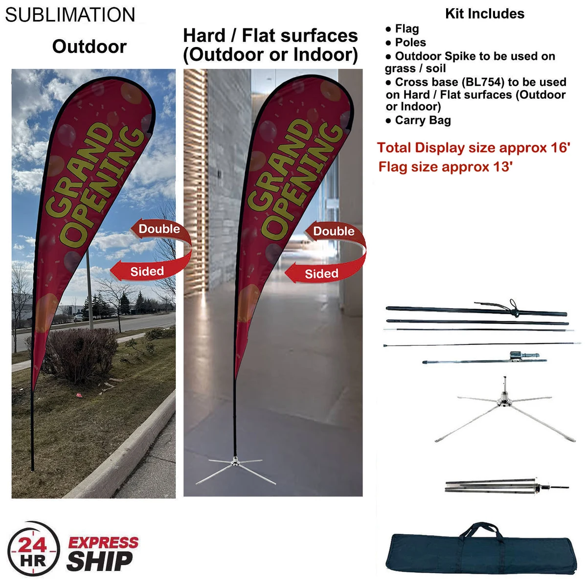 24Hr Express Ship - 16' XL Tear Drop Flag Kit, Full Color Graphic Double Side, Outdoor & Indoor Use 1
