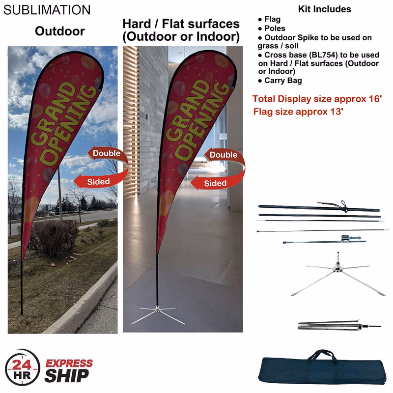 24Hr Express Ship - 16' XL Tear Drop Flag Kit, Full Color Graphic Double Side, Outdoor & Indoor Use
