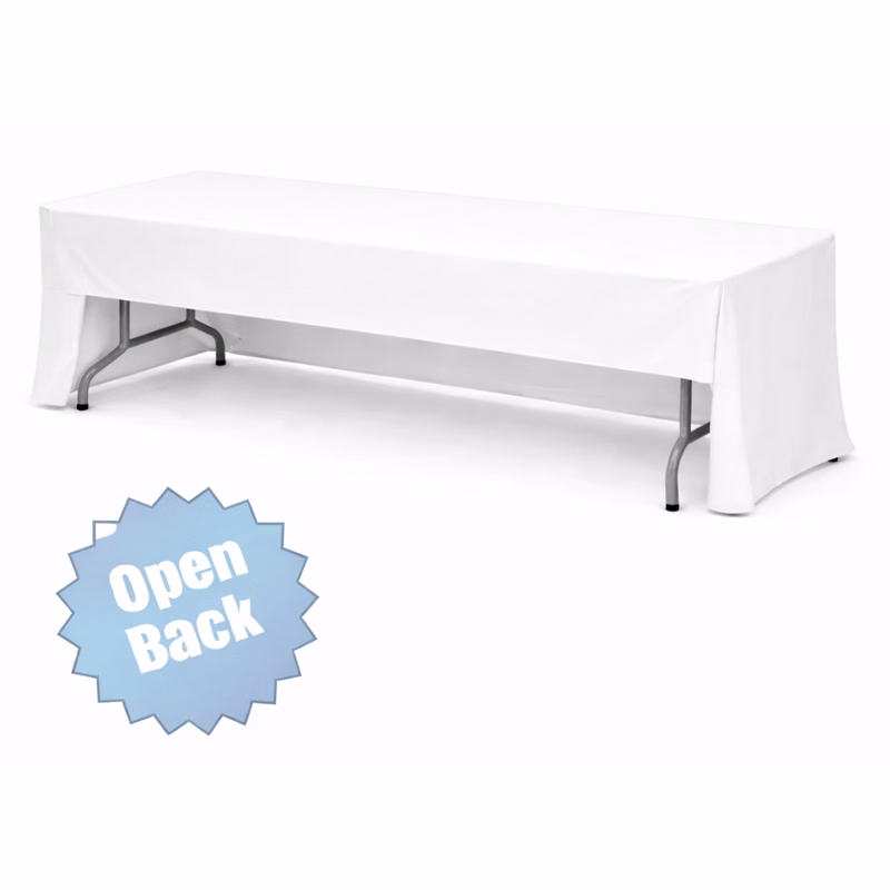 6 ft White Table Throw Open Back w/Front Logo