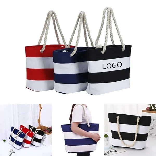 Striped Canvas Beach Tote with Large Bag and Rope Handles 1