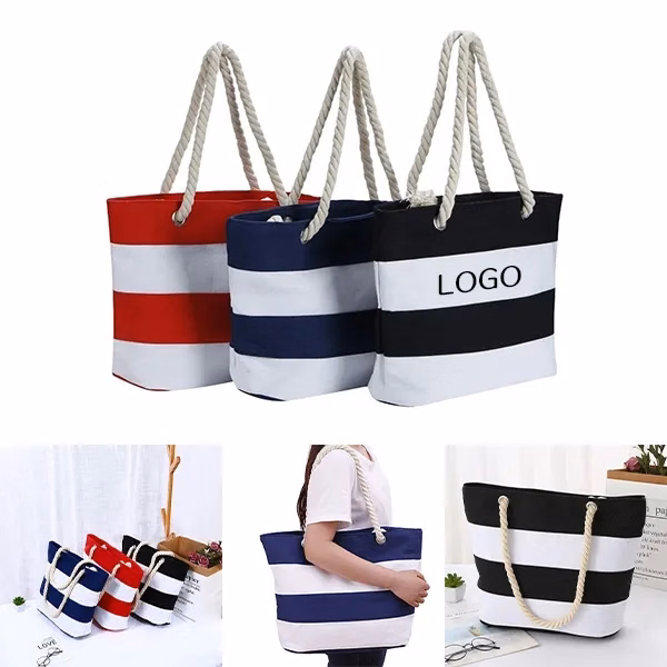 Striped Canvas Beach Tote with Large Bag and Rope Handles