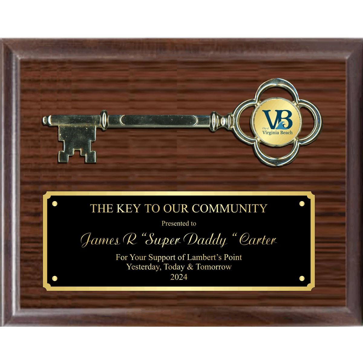 8" Gold Metal Key To The City On 8"X10" Plaque 1